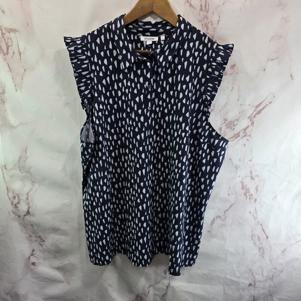Chicos Tank Top Womens 2X 4 Blue Navy White Snap Button Mock Collared Ruffle
